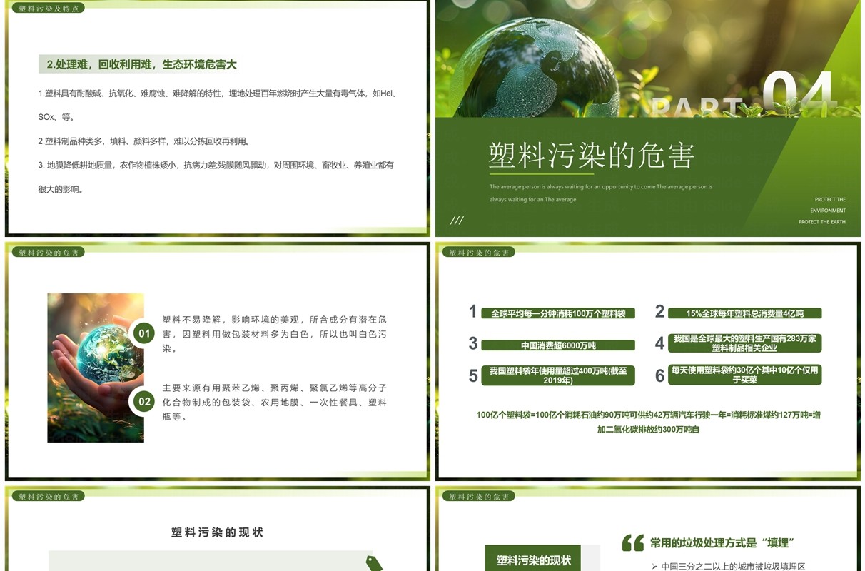 绿色简约风地球VS塑料携手行动世界地球日PPT模板