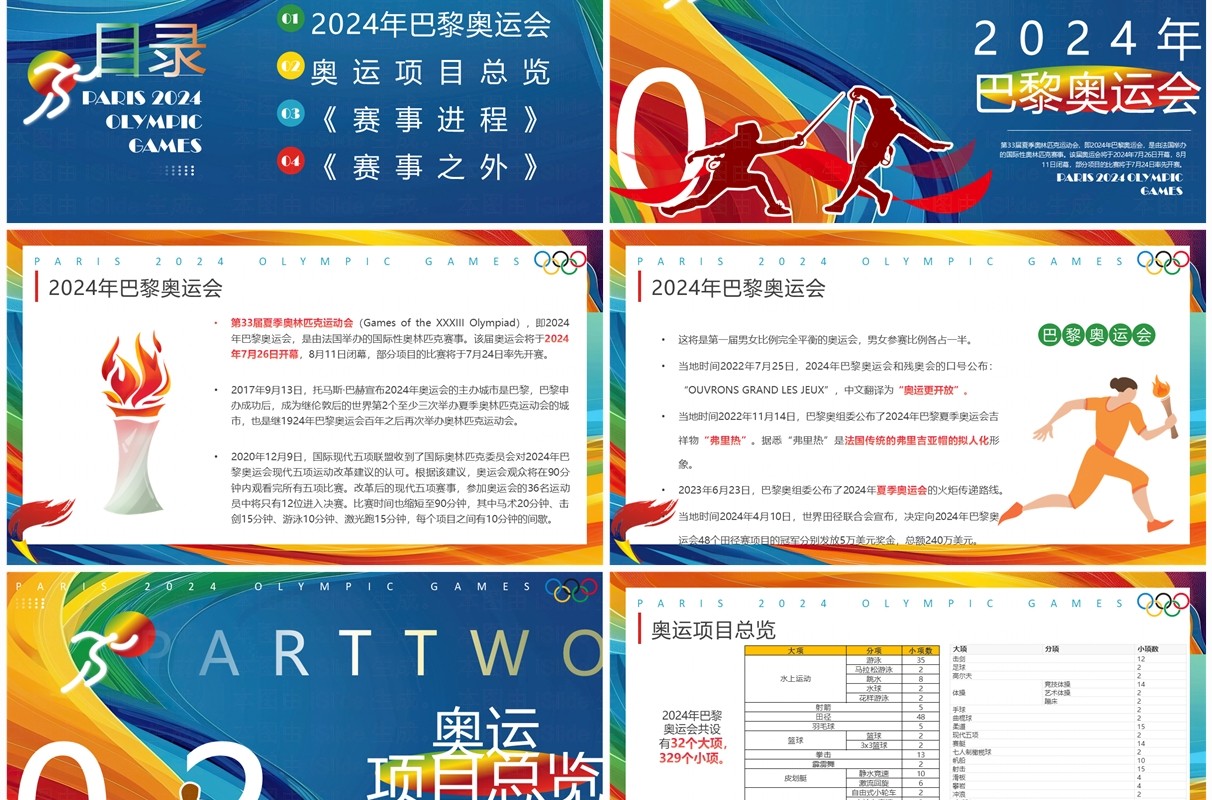 蓝色简约风2024巴黎奥运会PPT模板
