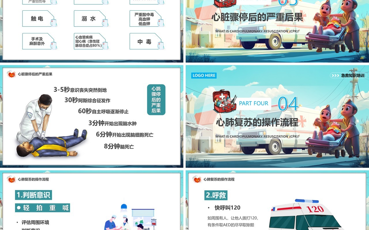 蓝色插画风心肺复苏操作流程培训PPT模板