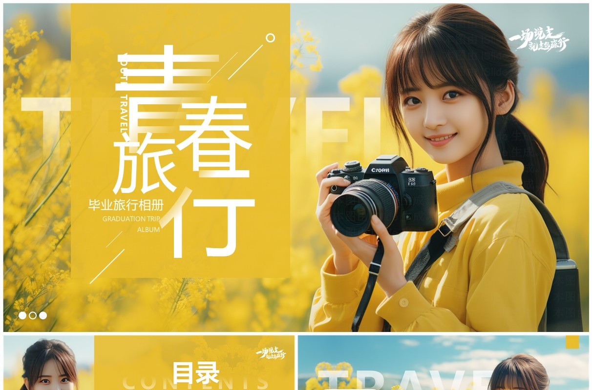 黄色简约风毕业旅行相册PPT通用模板