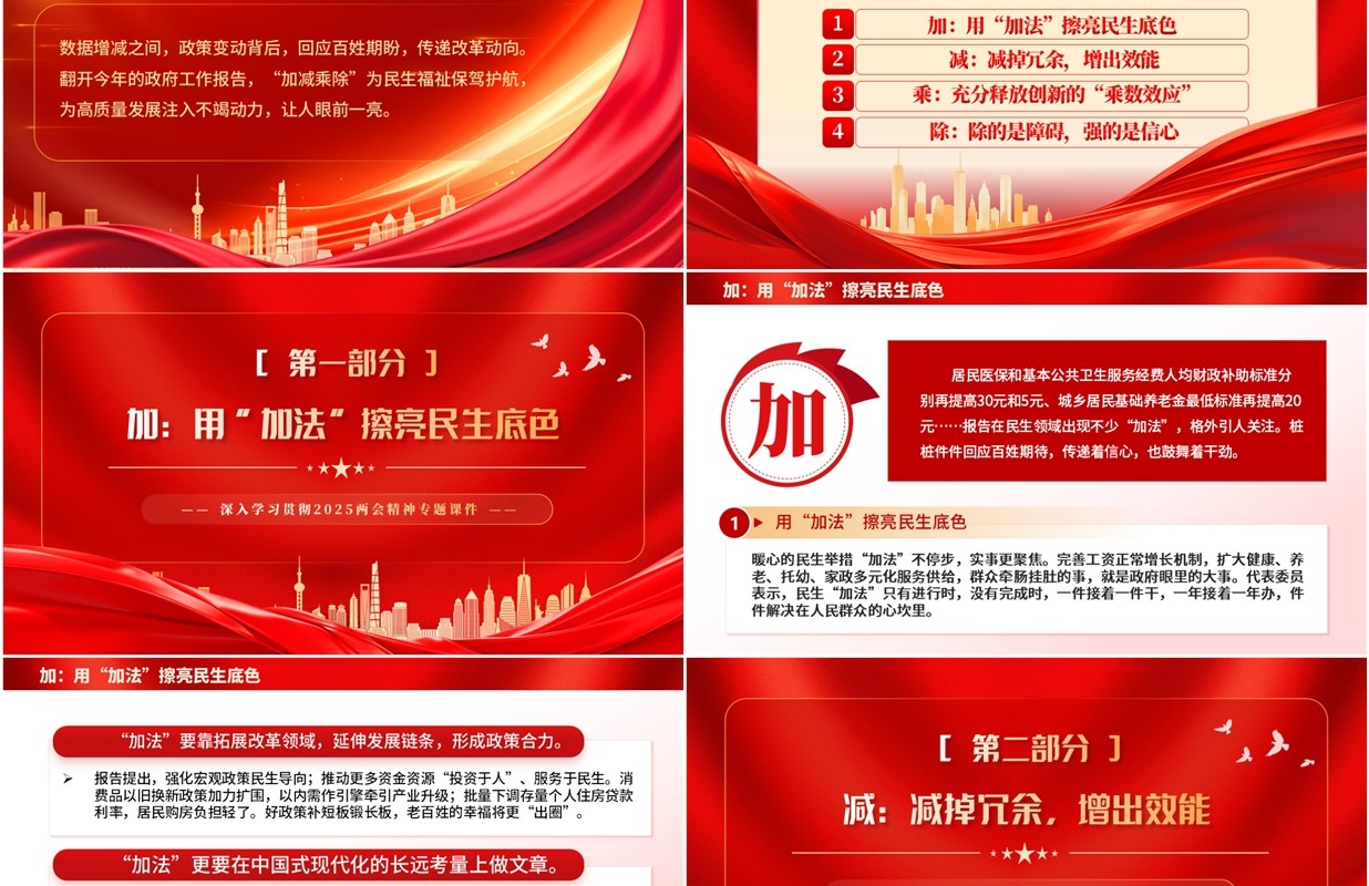 红色党政风政府工作报告里的加减乘除PPT模板