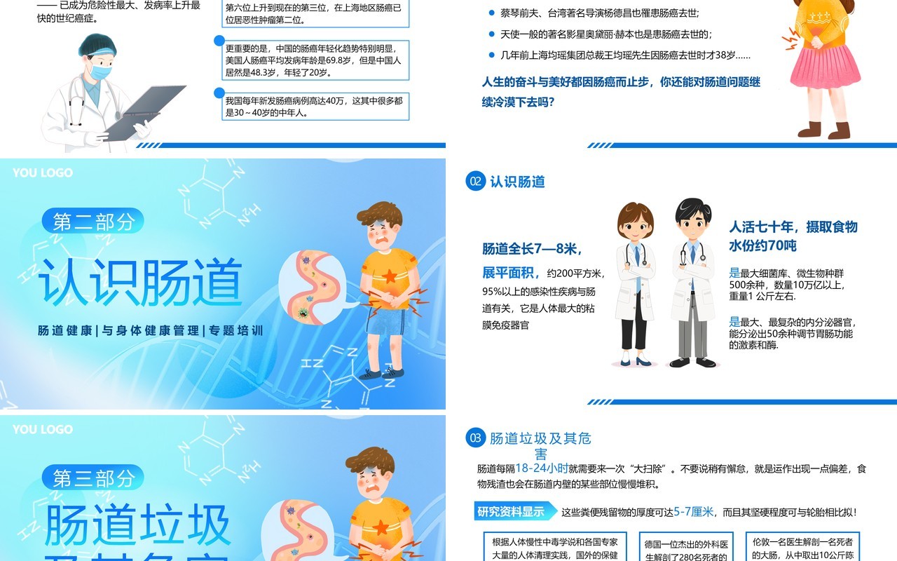 蓝色扁平卡通风肠道健康管理PPT模板
