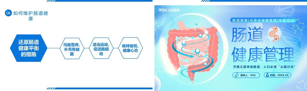 蓝色扁平卡通风肠道健康管理PPT模板