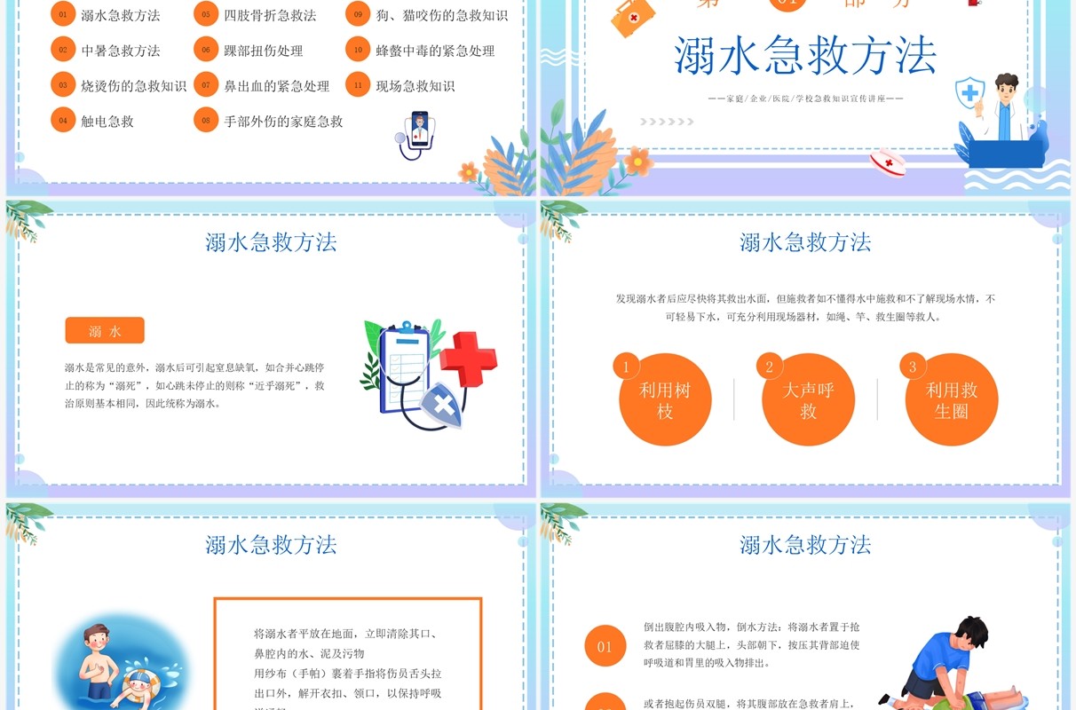 蓝色插画风家庭急救知识介绍PPT模板