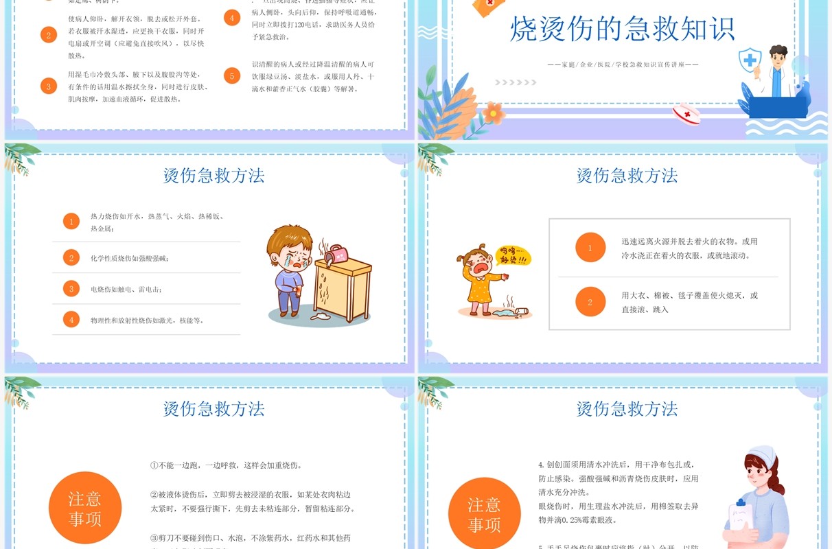 蓝色插画风家庭急救知识介绍PPT模板