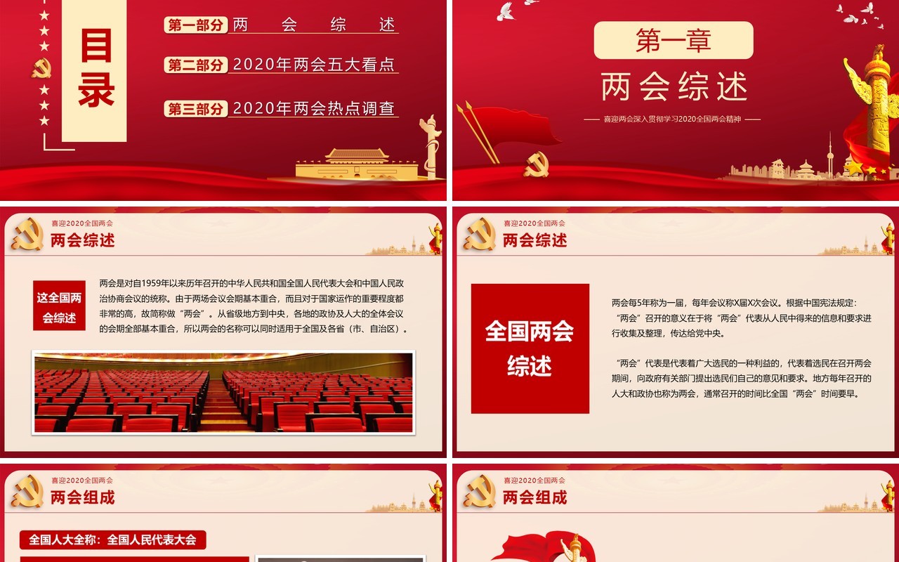 红色聚焦全国两会政府工作报告讲稿党建PPT模板