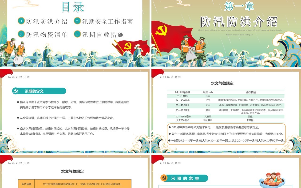 黄绿色国潮卡通风筑牢防汛安全屏障PPT模板