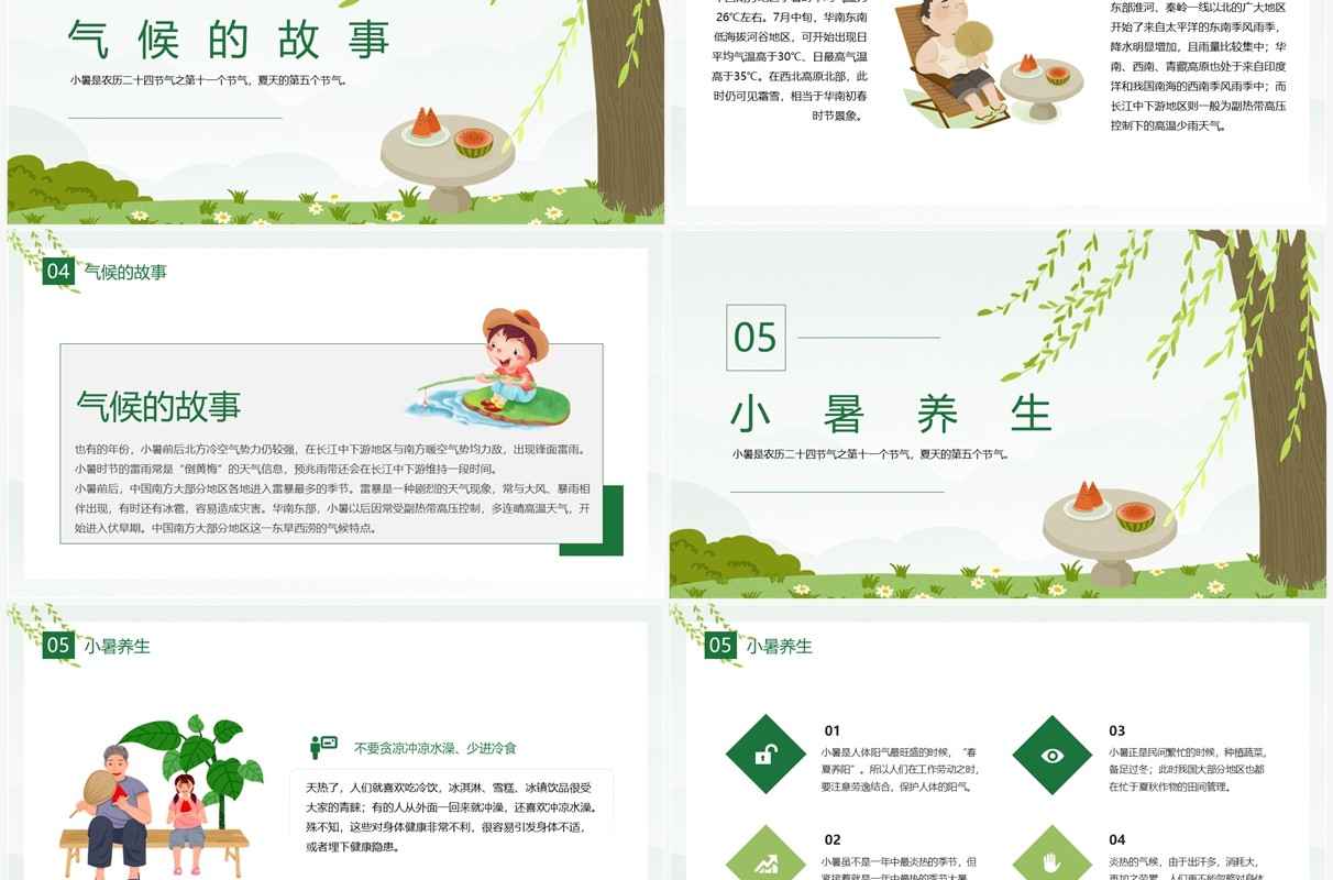 绿色卡通风二十四节气之小暑介绍PPT模板