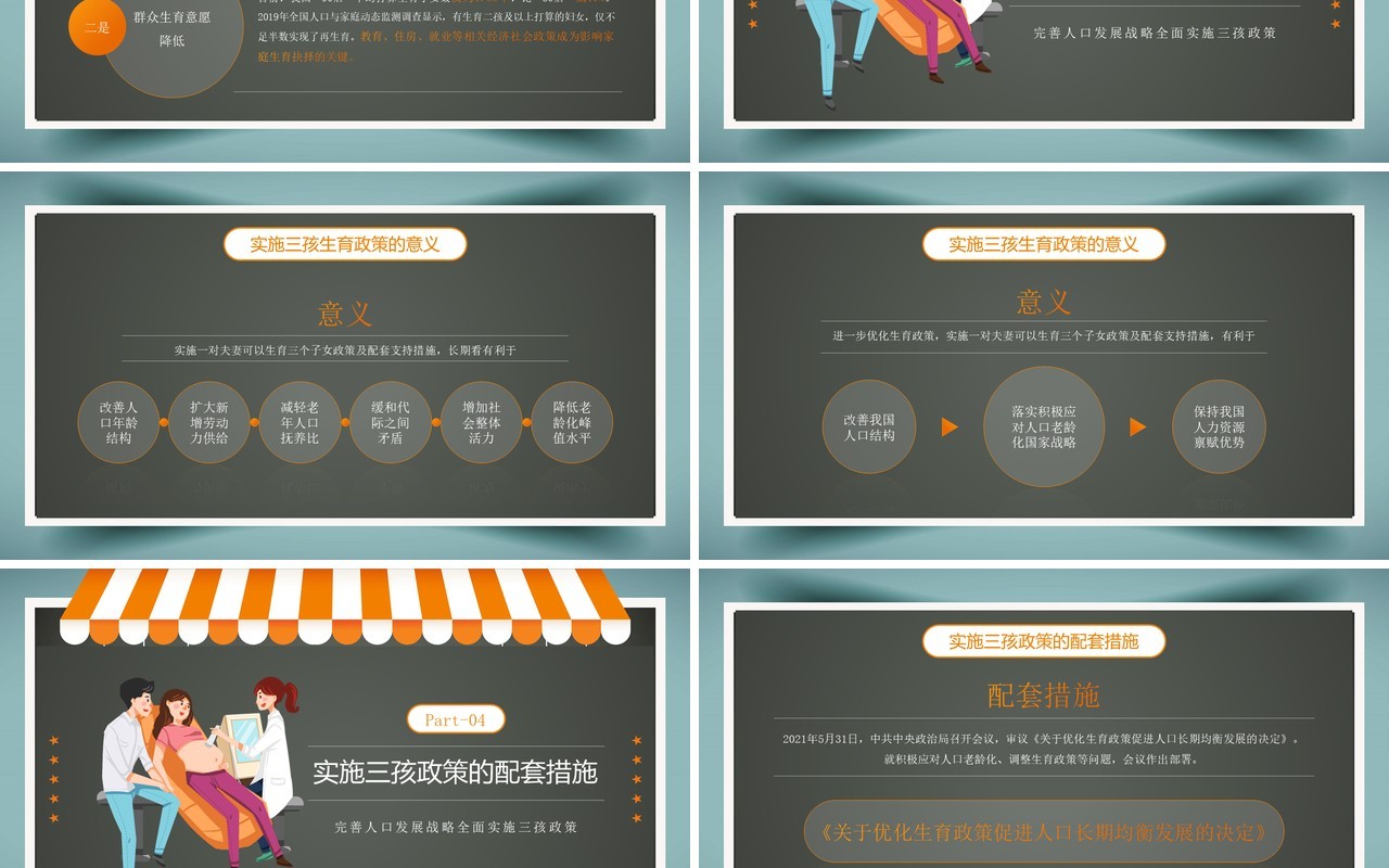 橙绿色卡通风三孩生育政策介绍PPT模板