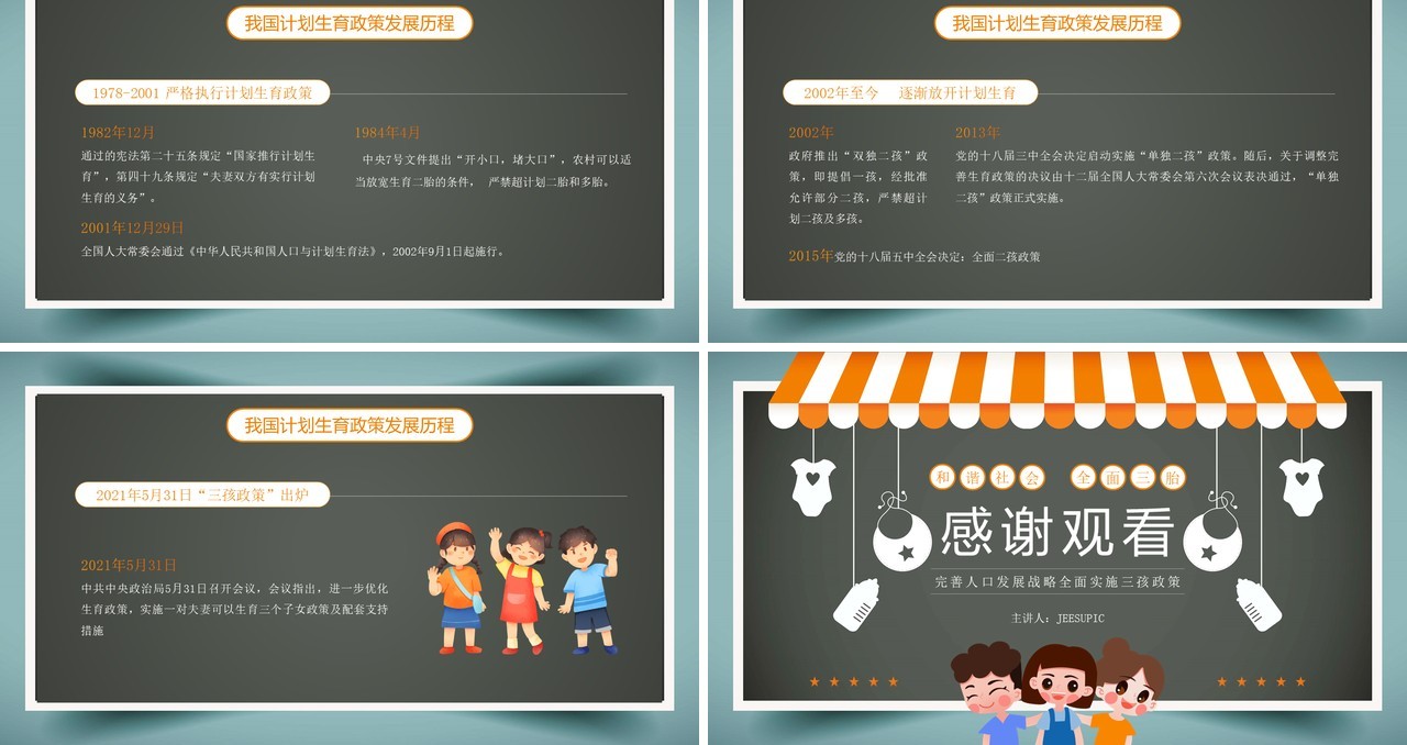 橙绿色卡通风三孩生育政策介绍PPT模板