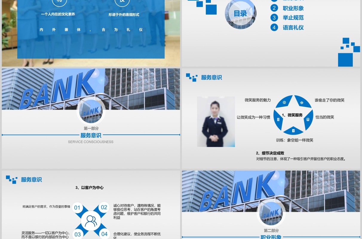蓝色简约银行礼仪培训课件PPT模板