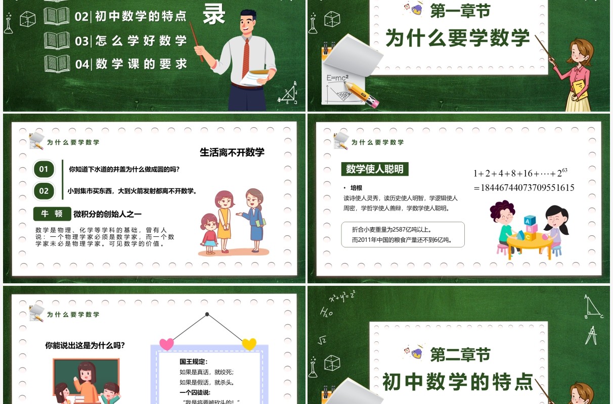 绿色黑板卡通风初中数学开学第一课PPT模板