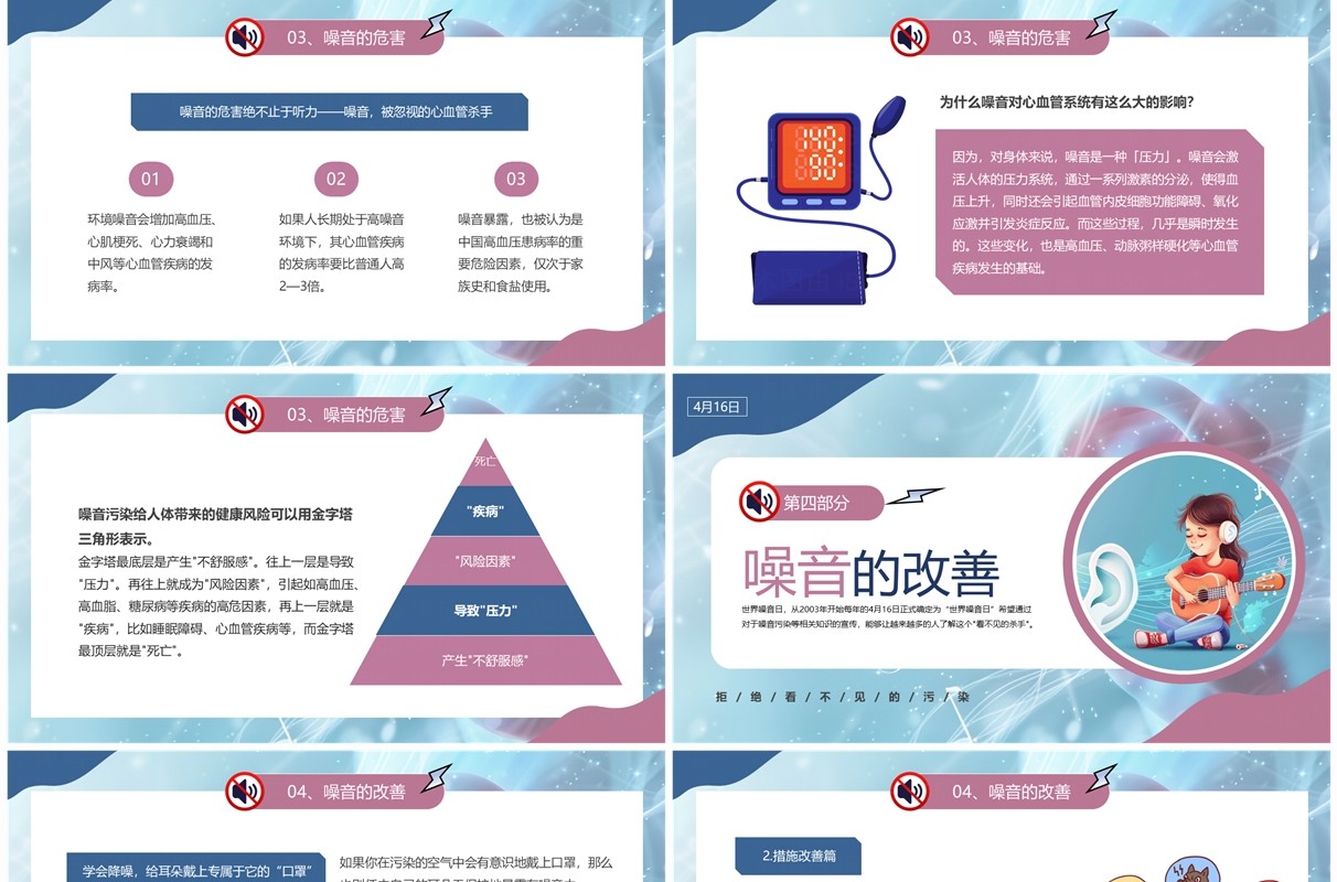 蓝色卡通风世界噪音日PPT模板