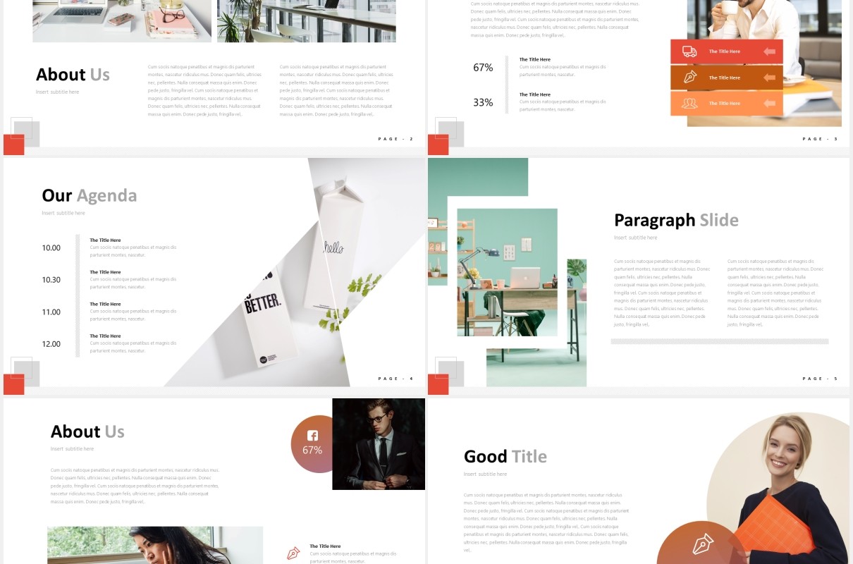 红色简约国外PPT图片排版图表模板freeland powerpoint template
