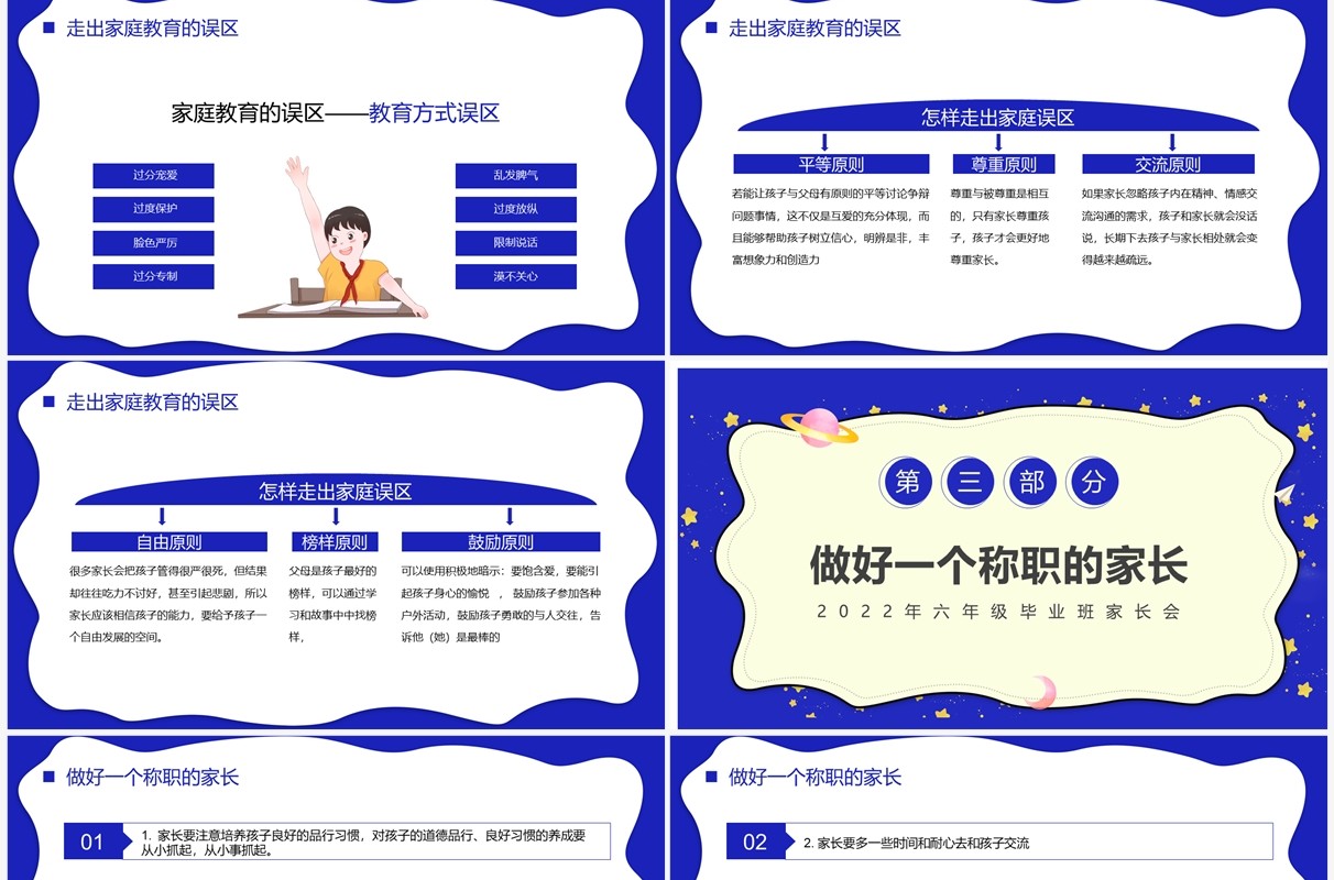 蓝色卡通六年级毕业班家长会PPT模板