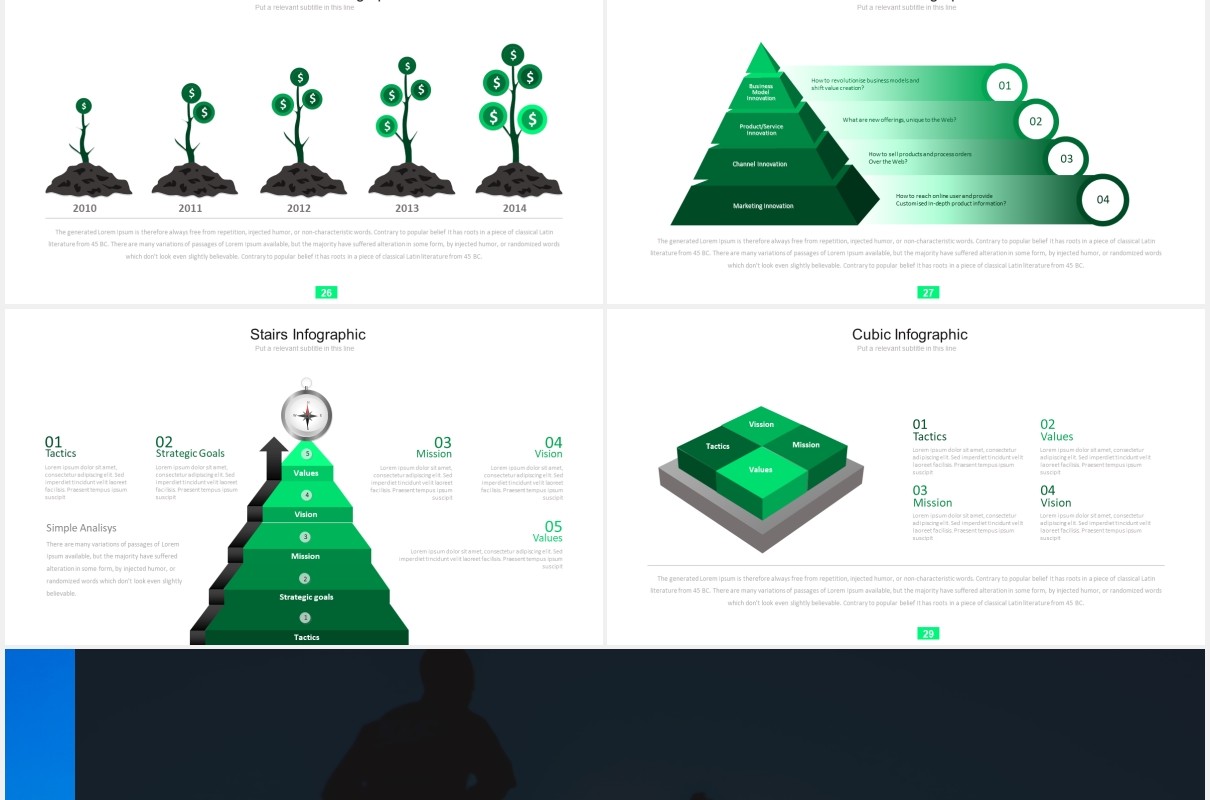 绿色简约商务箭头阶梯流程图图表PPT模板素材fifteen powerpoint template