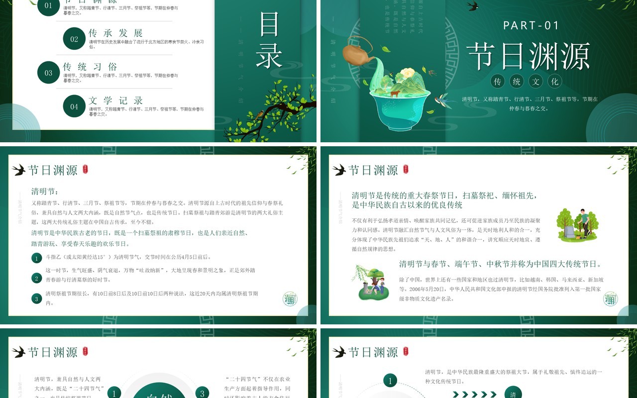 绿色简约中国风清明节文化习俗介绍PPT模板