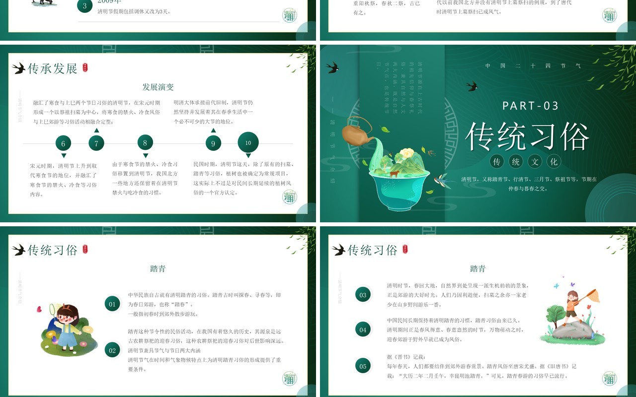 绿色简约中国风清明节文化习俗介绍PPT模板