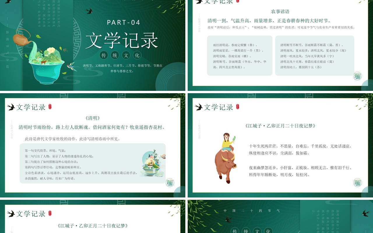 绿色简约中国风清明节文化习俗介绍PPT模板
