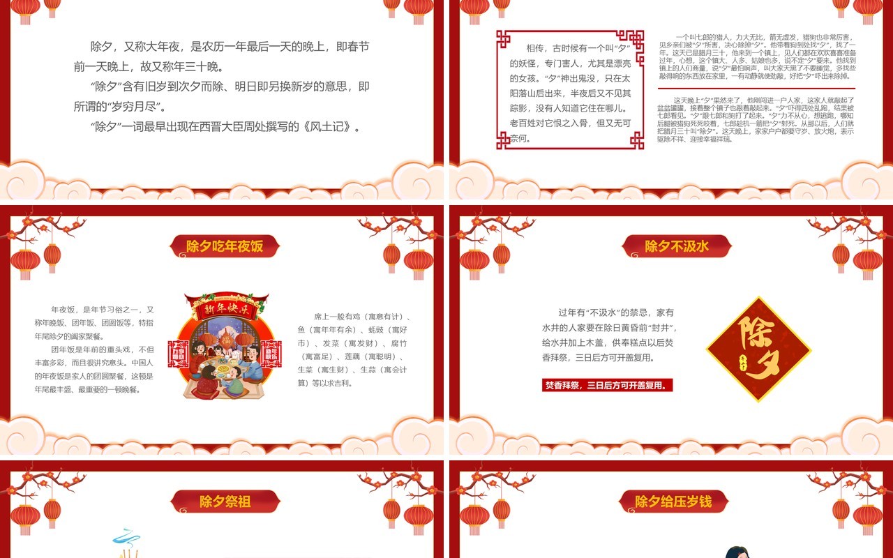 红色中国风幼儿园春节除夕习俗介绍PPT模板