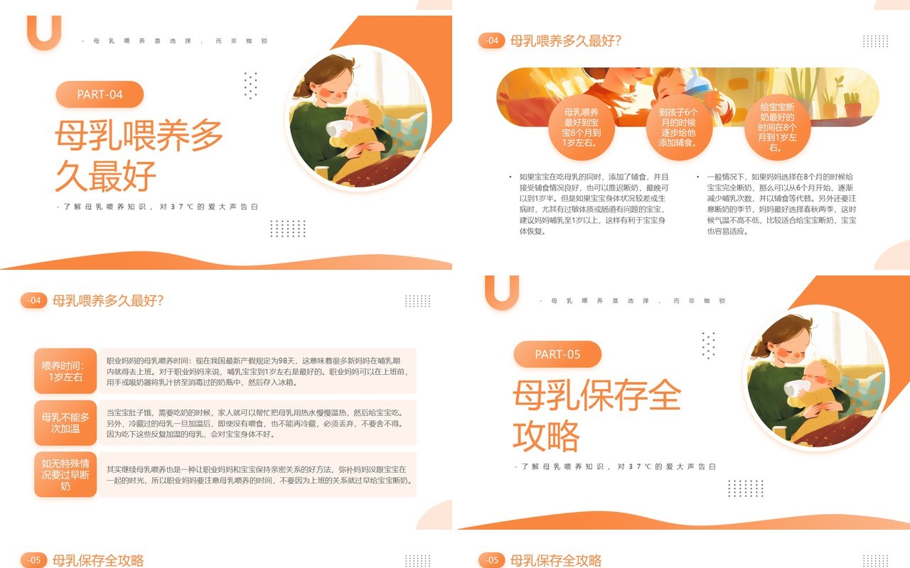 橙色插画风母乳喂养周知识PPT模板
