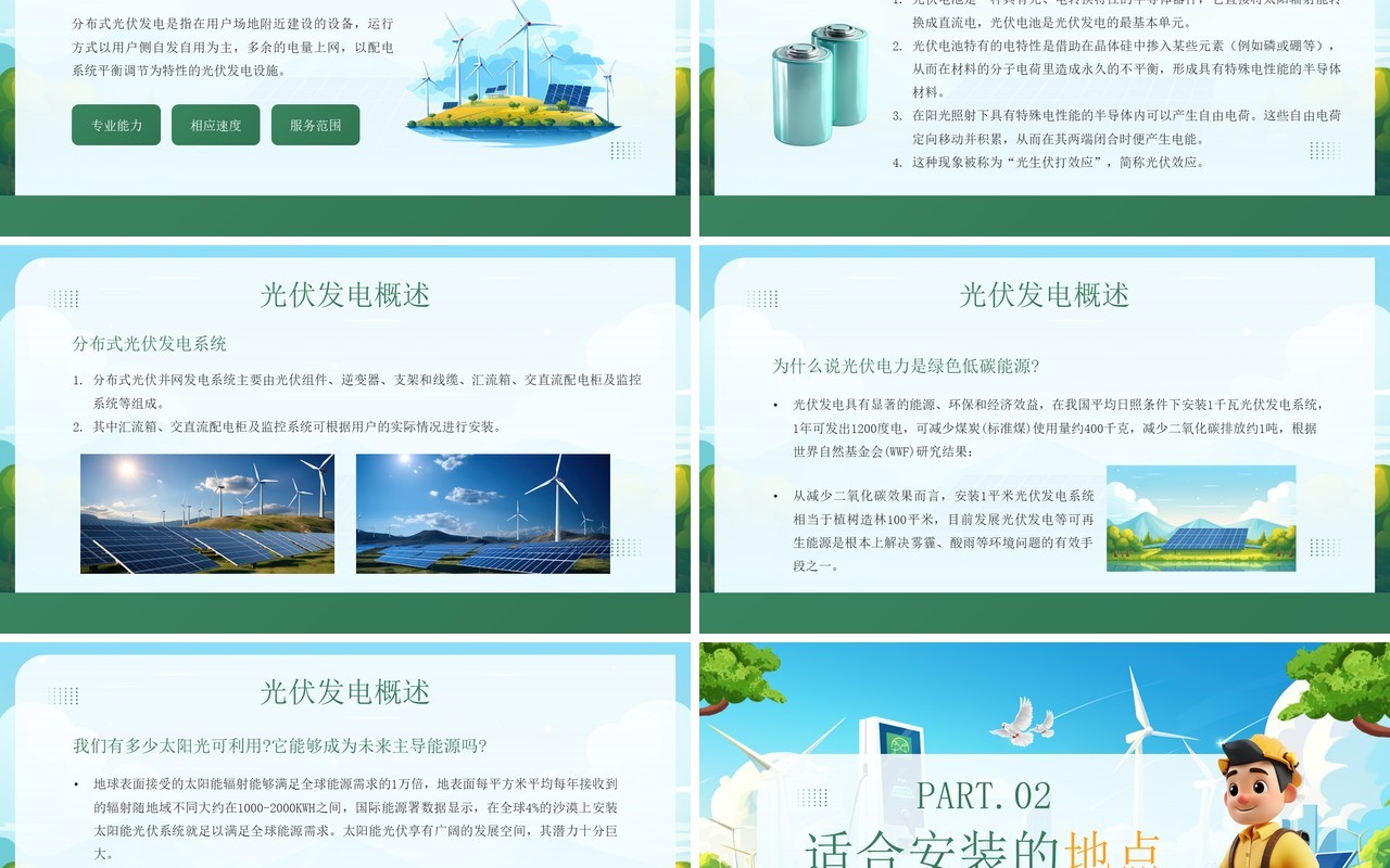 绿色插画风光伏发电知识培训PPT模板