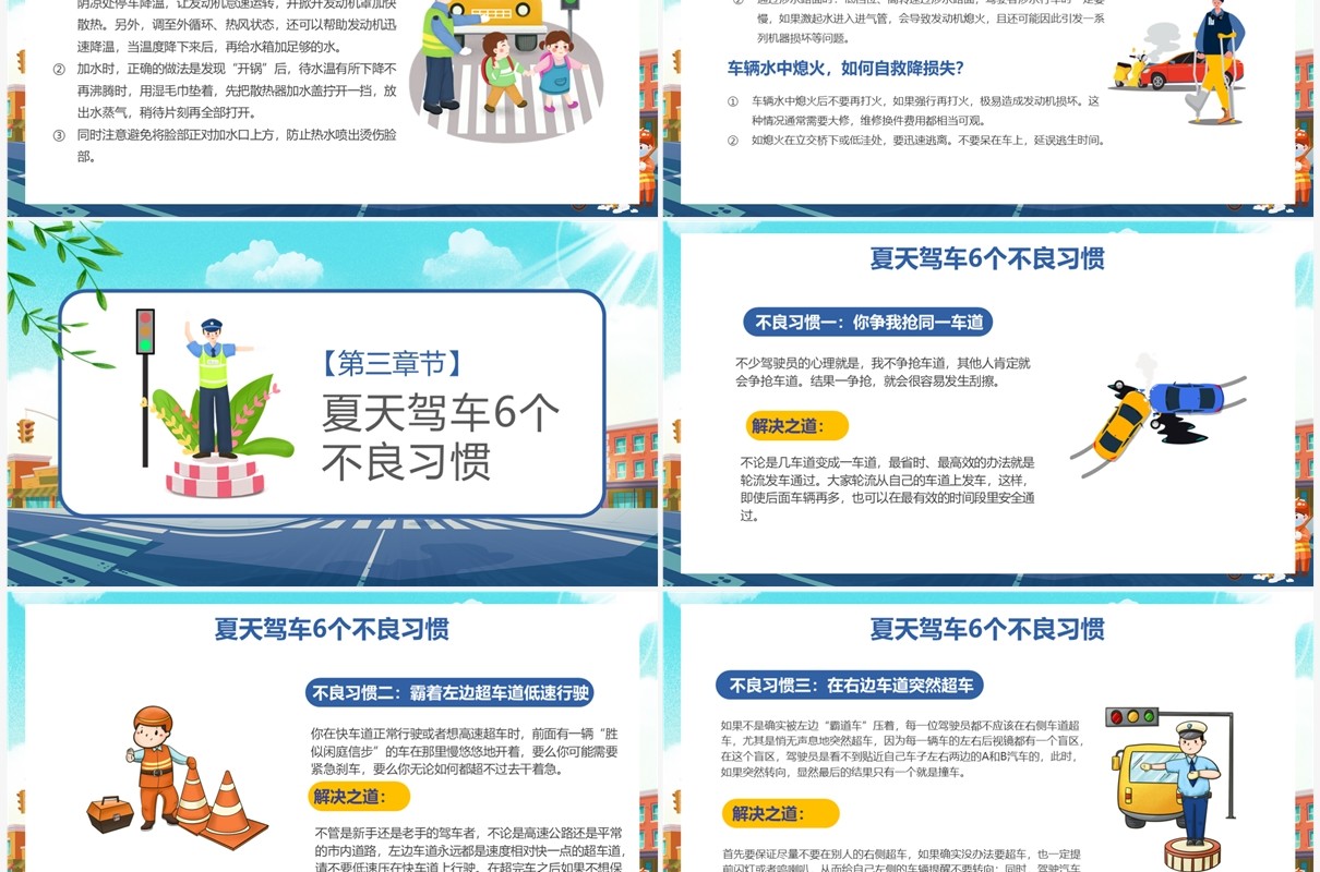 蓝色卡通风夏季行车安全知识培训PPT模板