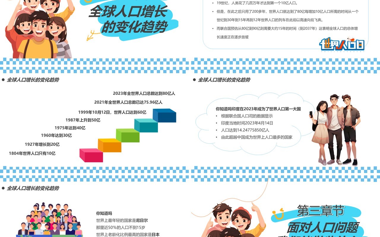 蓝色卡通风世界人口日介绍PPT模板