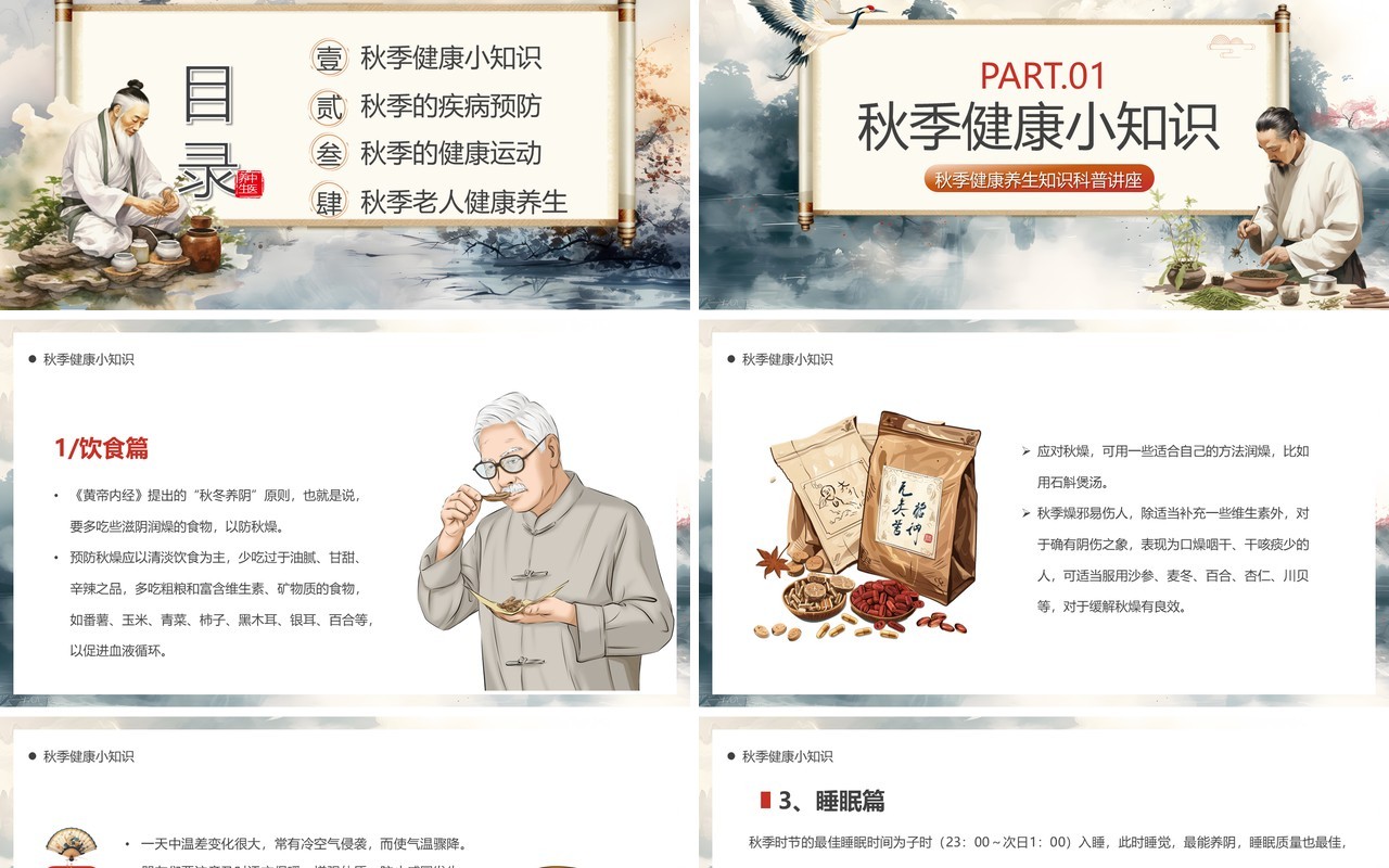 灰色中国风秋季养生健康PPT模板