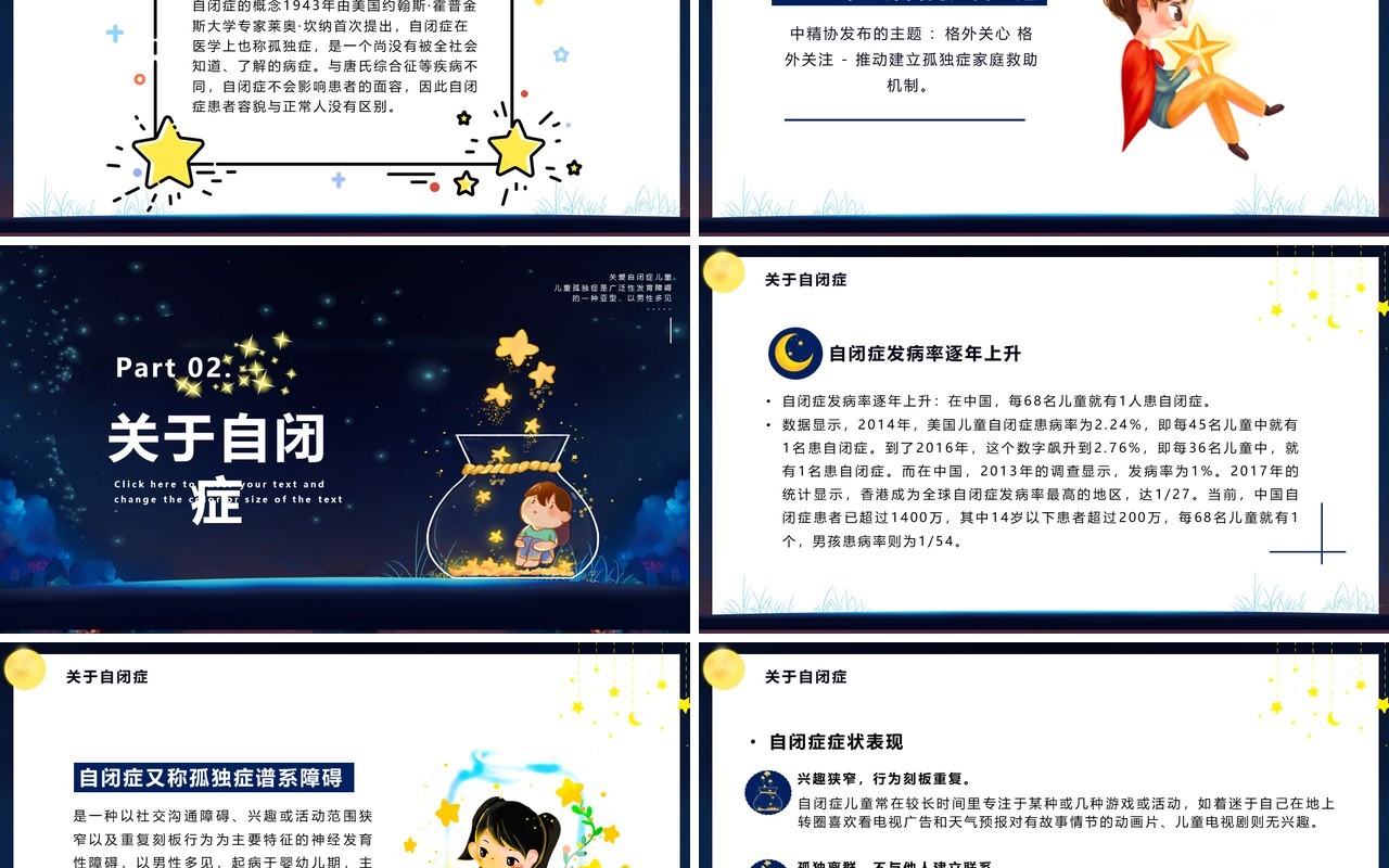 蓝色卡通风关爱自闭症儿童PPT模板