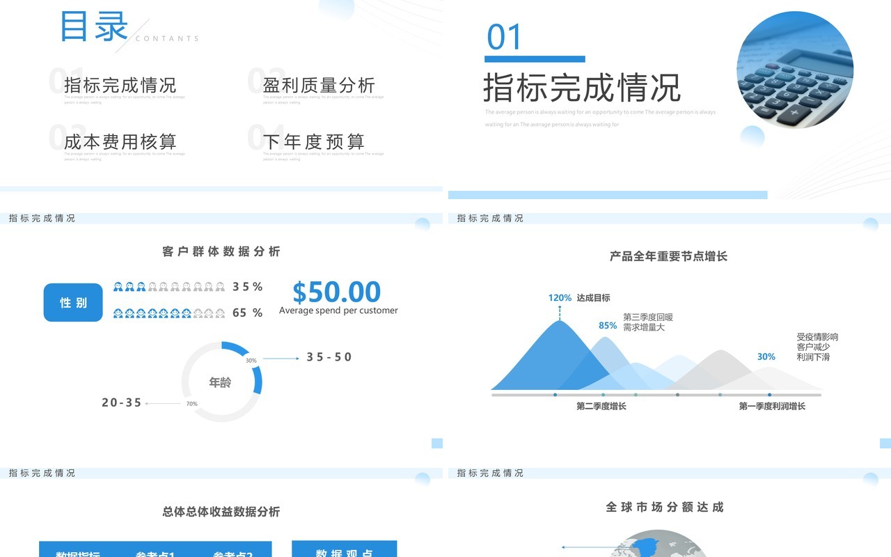 蓝色简约风年度财务数据分析报告PPT模板