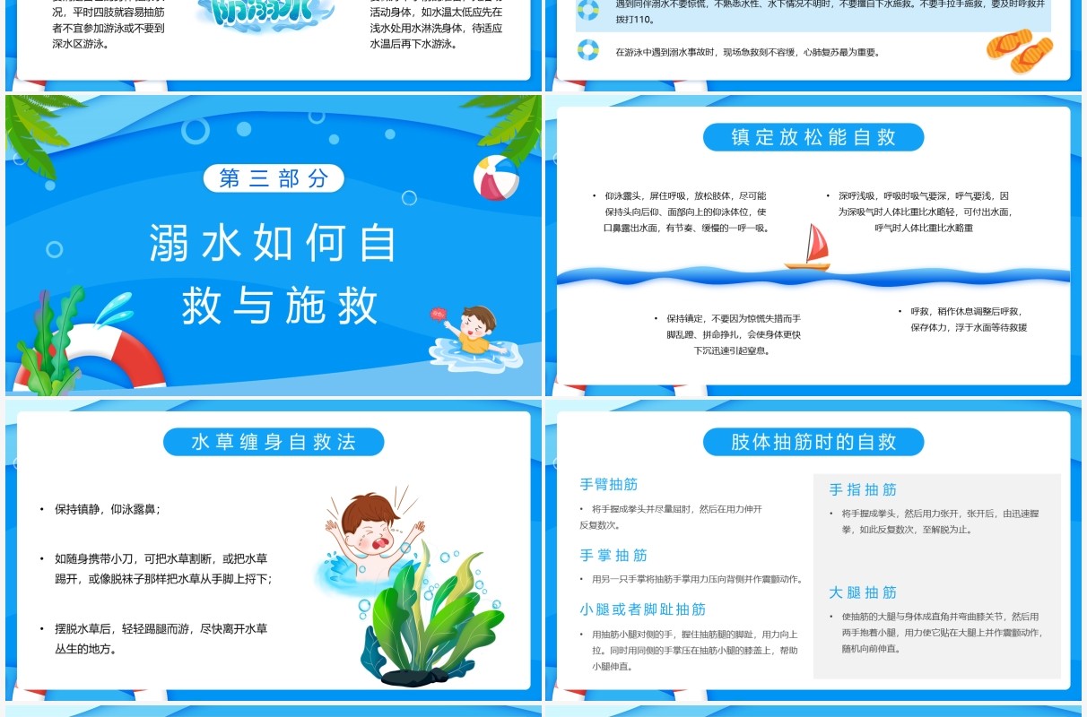 蓝色卡通防溺水安全教育主题班会PPT模板