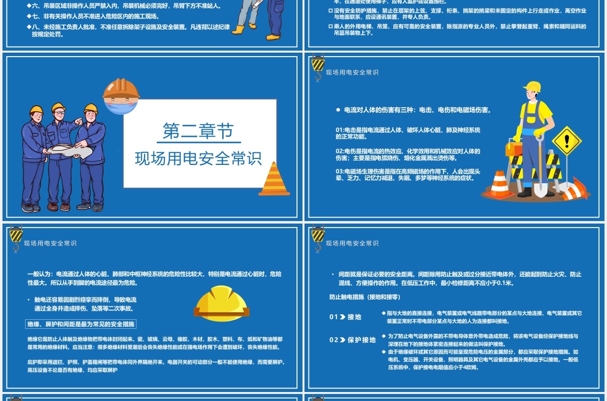 蓝色卡通一帽一戴安全常在施工现场安全教育培训PPT模板