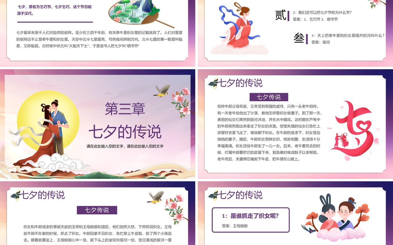 紫色卡通风浪漫七夕节日介绍通用PPT模板