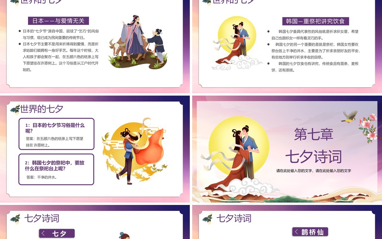 紫色卡通风浪漫七夕节日介绍通用PPT模板