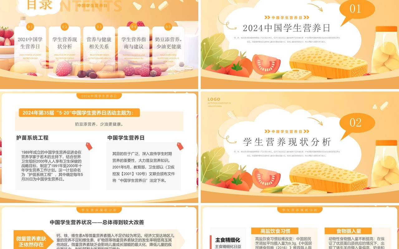 黄色插画风2024中国学生营养日PPT模板