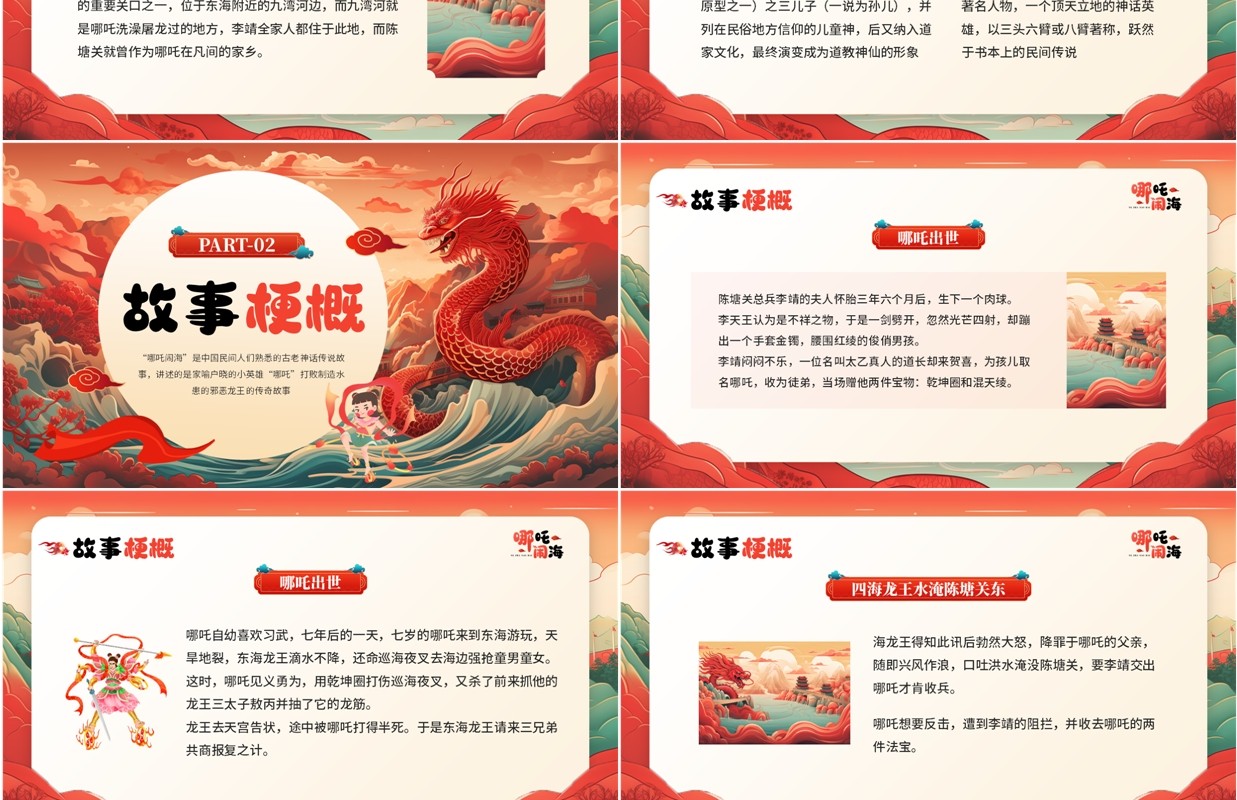红色中国风哪吒闹海神话故事PPT模板
