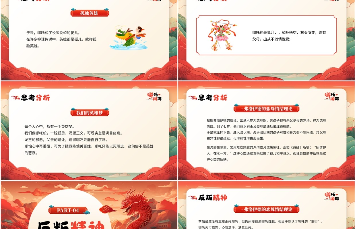 红色中国风哪吒闹海神话故事PPT模板