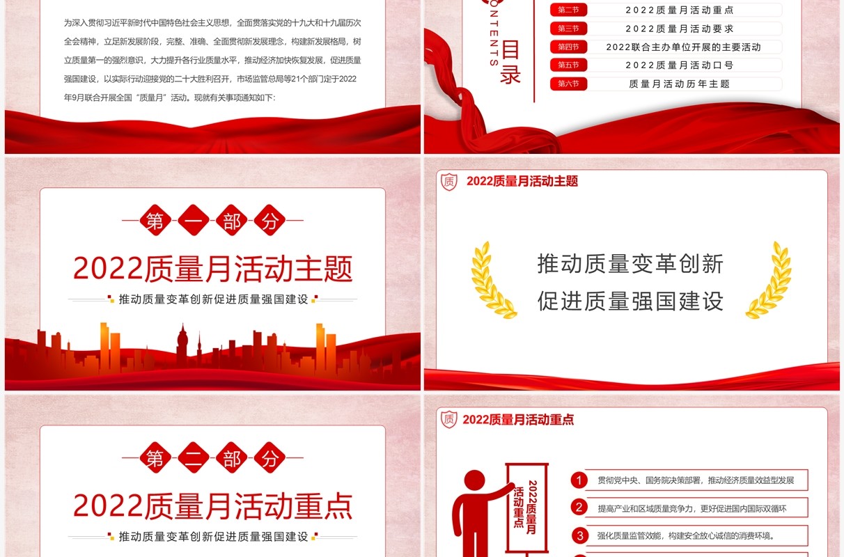 红色学习解读2022年全国质量月PPT模板