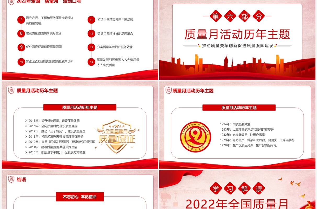 红色学习解读2022年全国质量月PPT模板