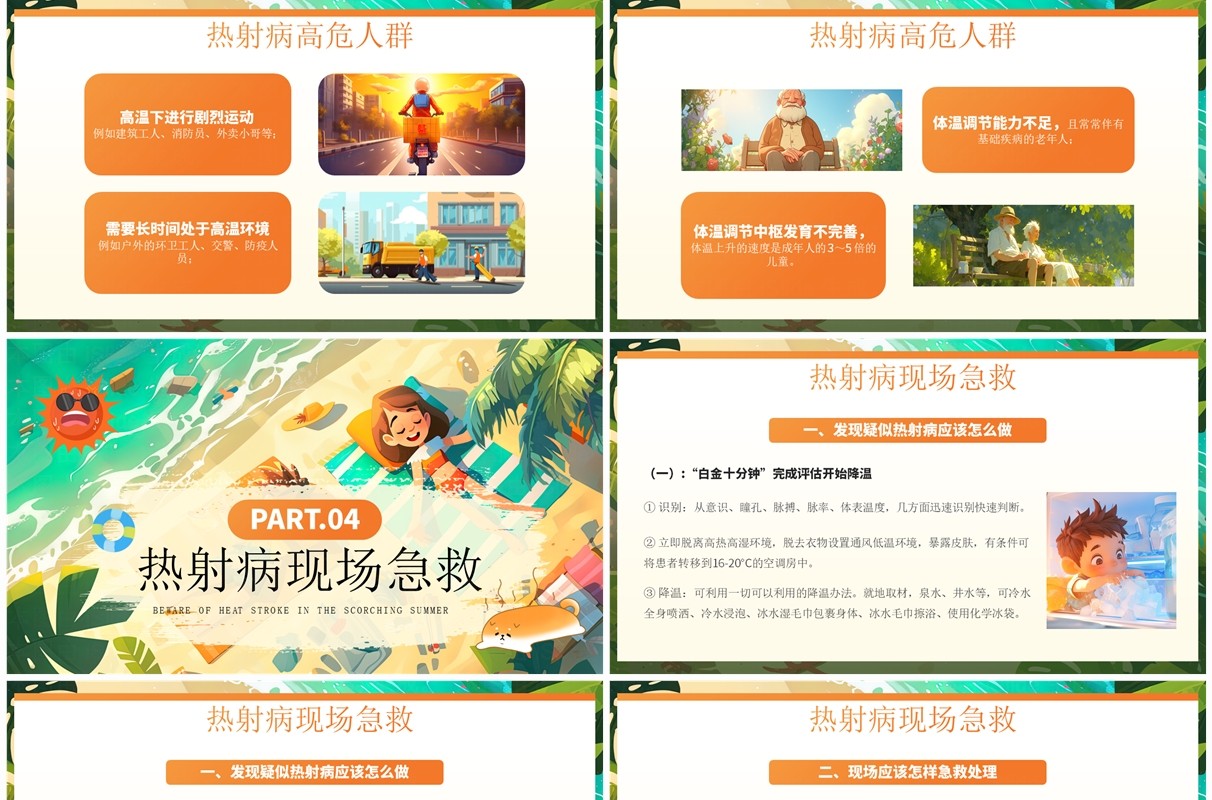 橙色插画风炎炎夏日预防热射病PPT模板
