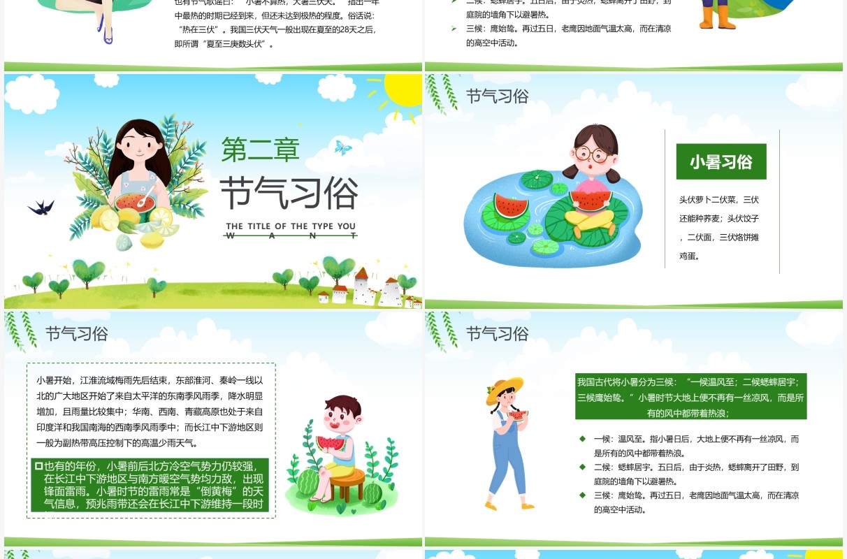 绿色卡通风传统二十四节气小暑介绍PPT模板