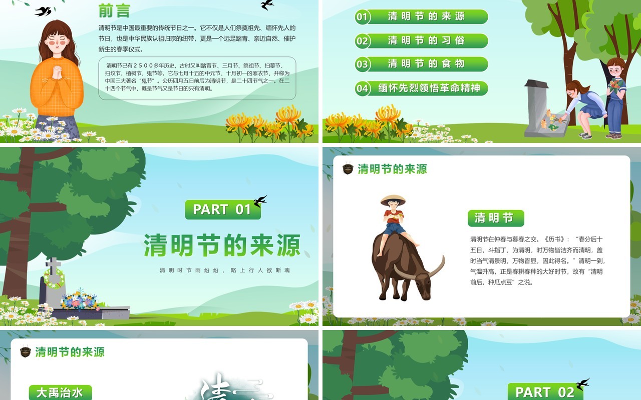 卡通风清明节介绍起源PPT模板