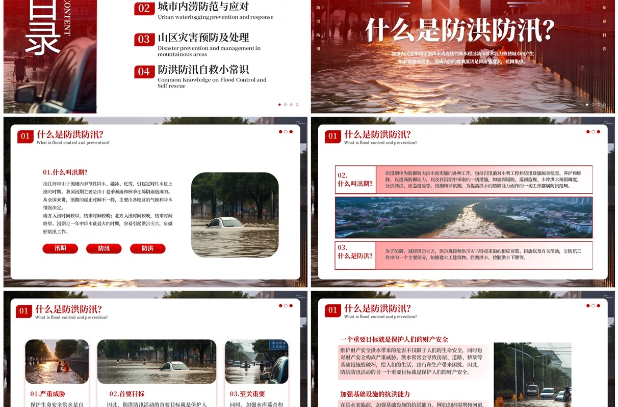 红色简约风防洪防汛知识普及PPT模板