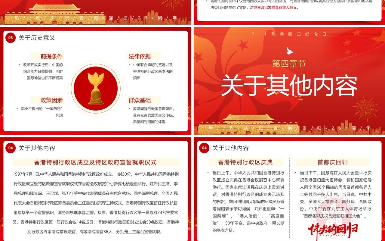 红色简约风香港回归25周年纪念日PPT模板