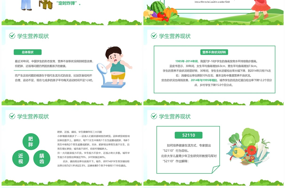 绿色卡通风科学食养助力儿童健康成长PPT模板
