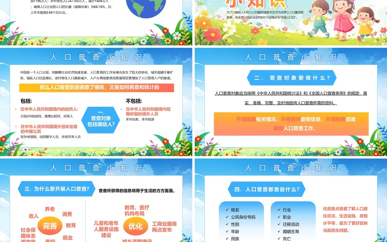 蓝色插画风中国人口日介绍PPT模板