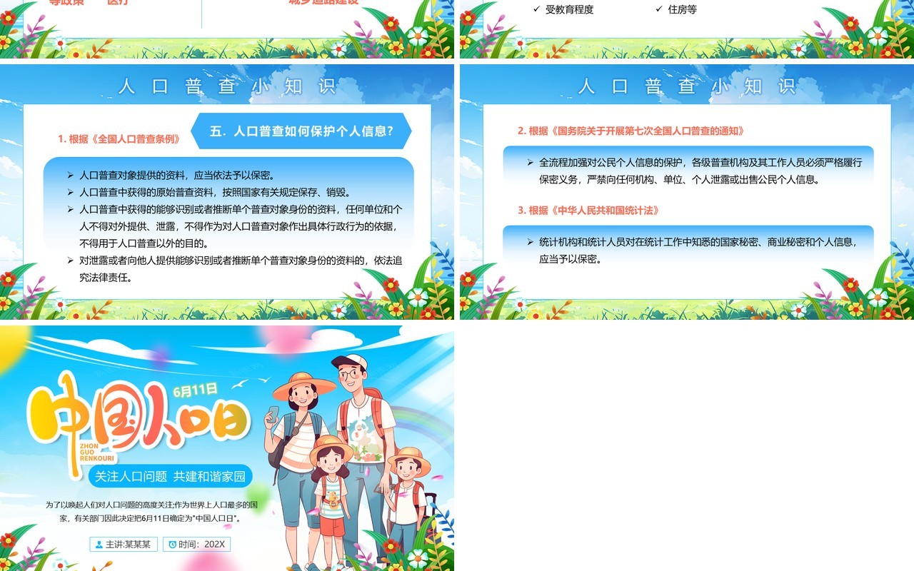 蓝色插画风中国人口日介绍PPT模板
