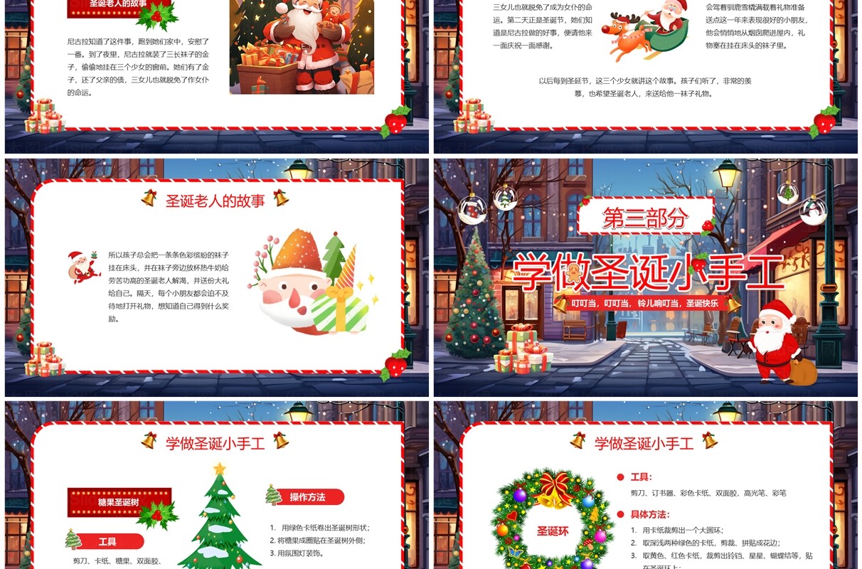 红色卡通风幼儿园圣诞节介绍PPT模板