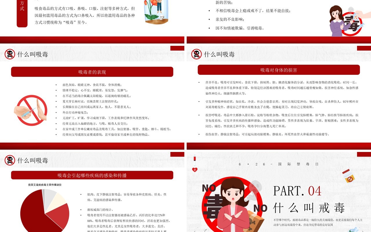 红色卡通风全民禁毒宣传月PPT模板